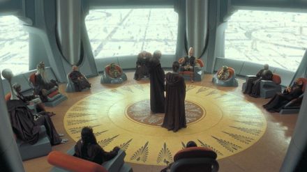 Jedi council members in a circle discussing/debating wise issues of the day